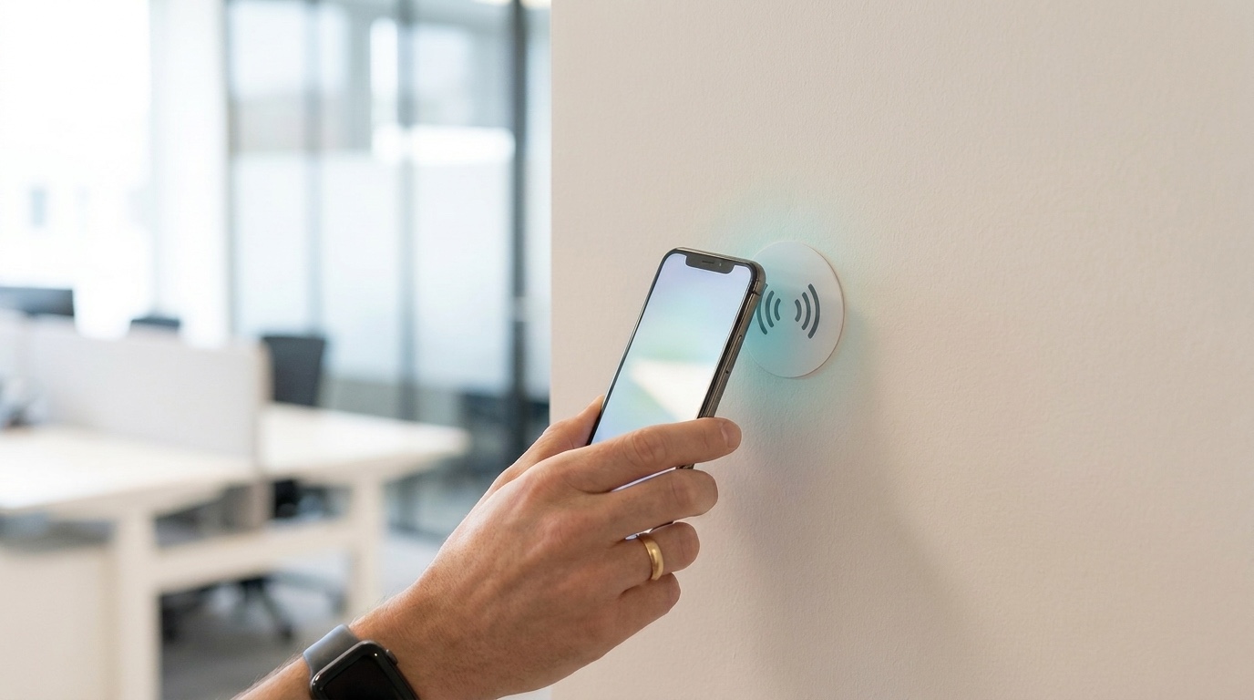 Eine Hand tippt mit dem Smartphone einen NFC-Tag an der Wand an