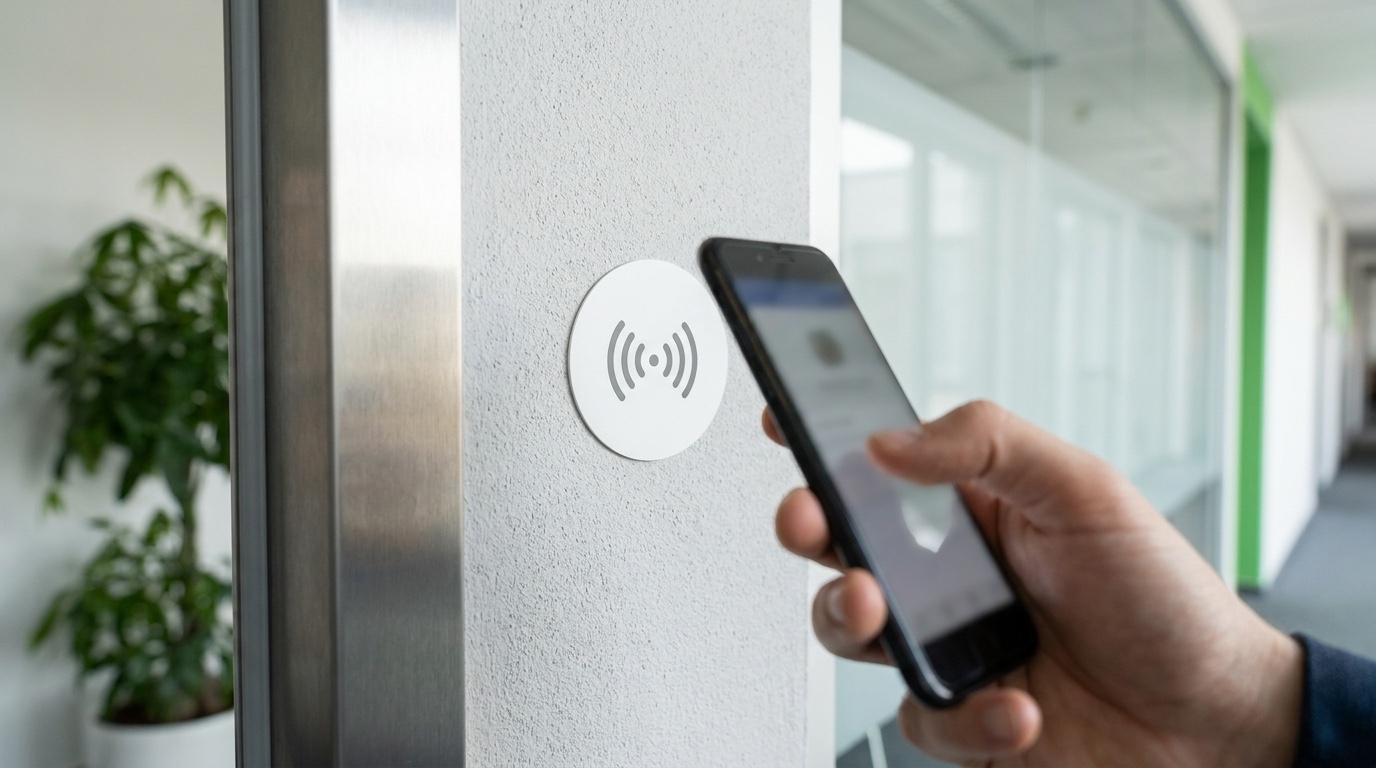 NFC-Tag an der Wand einer Reinigungsstelle, eine Hand tippt ihn mit dem Smartphone an